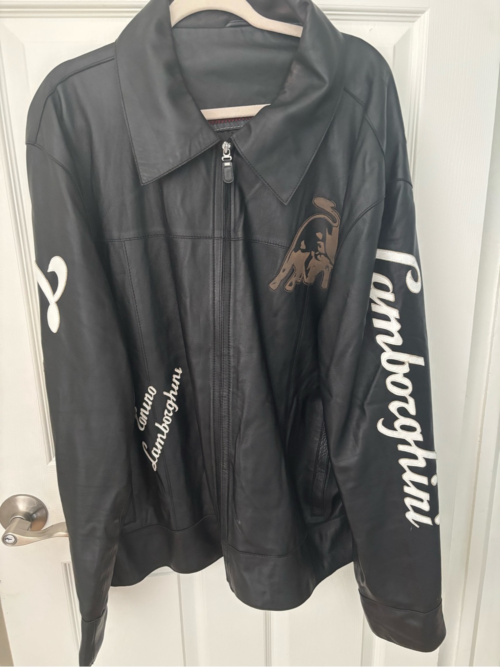 Lamborghini Black Leather Zip-Up Bomber Jacket with White Script